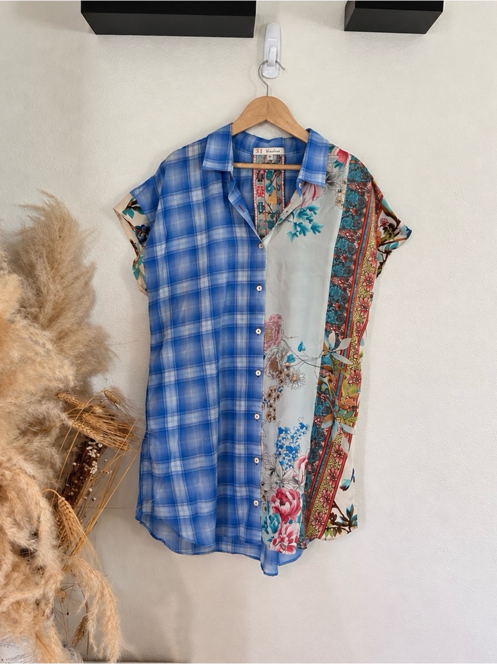 Johnny Was 3J Workshop Mixed Print Floral Plaid Tunic Shirt M Boho